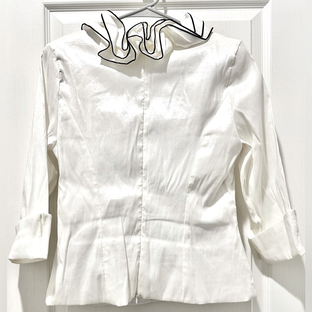Xscape 3/4 Cuffed Sleeve Ruffled & Embellished Formal White Taffeta w Black Trim - Picture 6 of 11